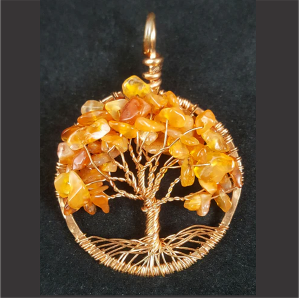Copper Tree of Life Pendant with Carnelian Crystal Chips