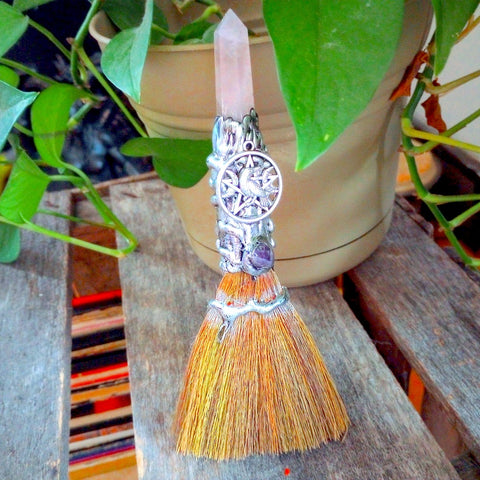 Gemstone Wicca Magick Broom - Silver Raven/Rose Quarts