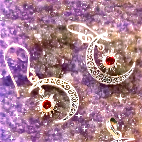 Venus & Crescent Moon Earrings w/ Garnet