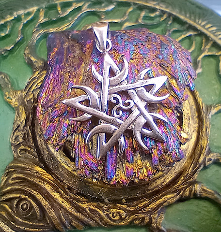 Pentagram With Crescent Moons and Triskelion Symbol