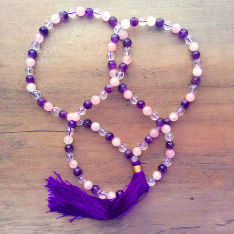 Amethyst, Clear Quartz & Rose Quartz Necklace Mala