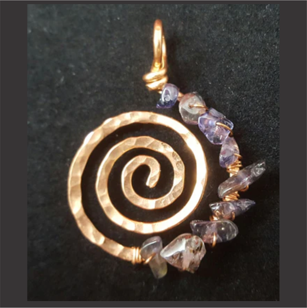 Copper Spiral Pendant with Amethyst Crystal Chips