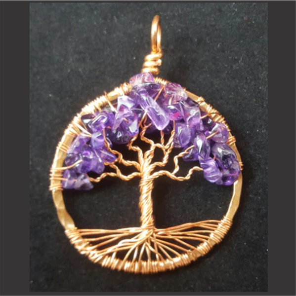 Copper Tree of Life Pendant with Amethyst Chips