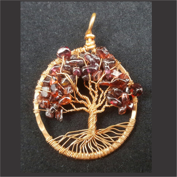 Copper Tree of Life Pendant with Garnet Crystal Chips