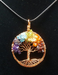 Copper Tree of Life Pendant with Rainbow Crystal Chips