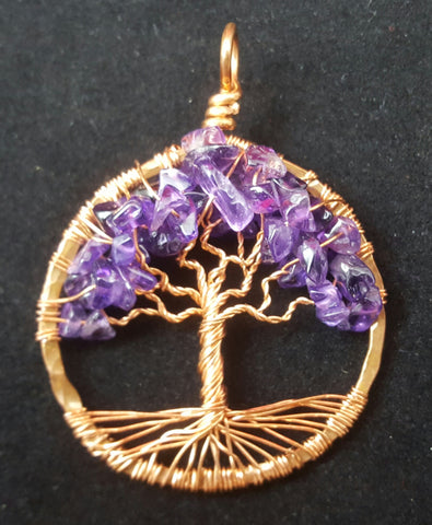 Copper Tree of Life Pendant with Amethyst Chips