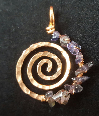 Copper Spiral Pendant with Amethyst Crystal Chips