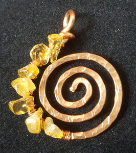 Copper Spiral Pendant with Citrine Crystal Chips