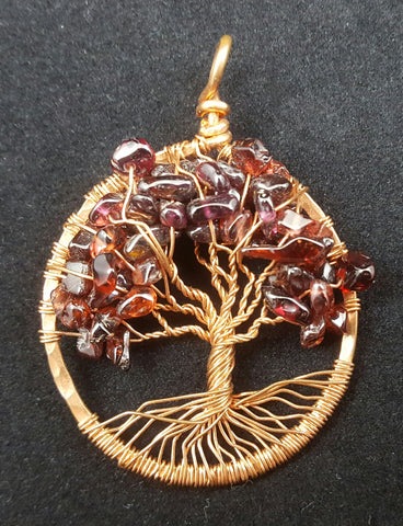 Copper Tree of Life Pendant with Garnet Crystal Chips