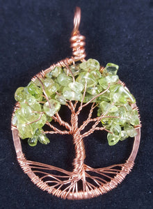 Copper Tree of Life Pendant with Peridot Crystal Chips