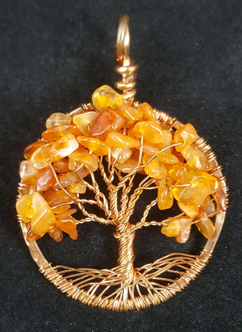 Copper Tree of Life Pendant with Carnelian Crystal Chips