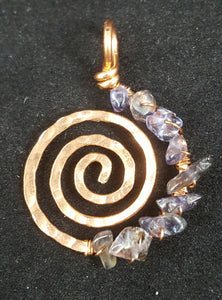 Copper Spiral Pendant with Iolite Crystal Chips