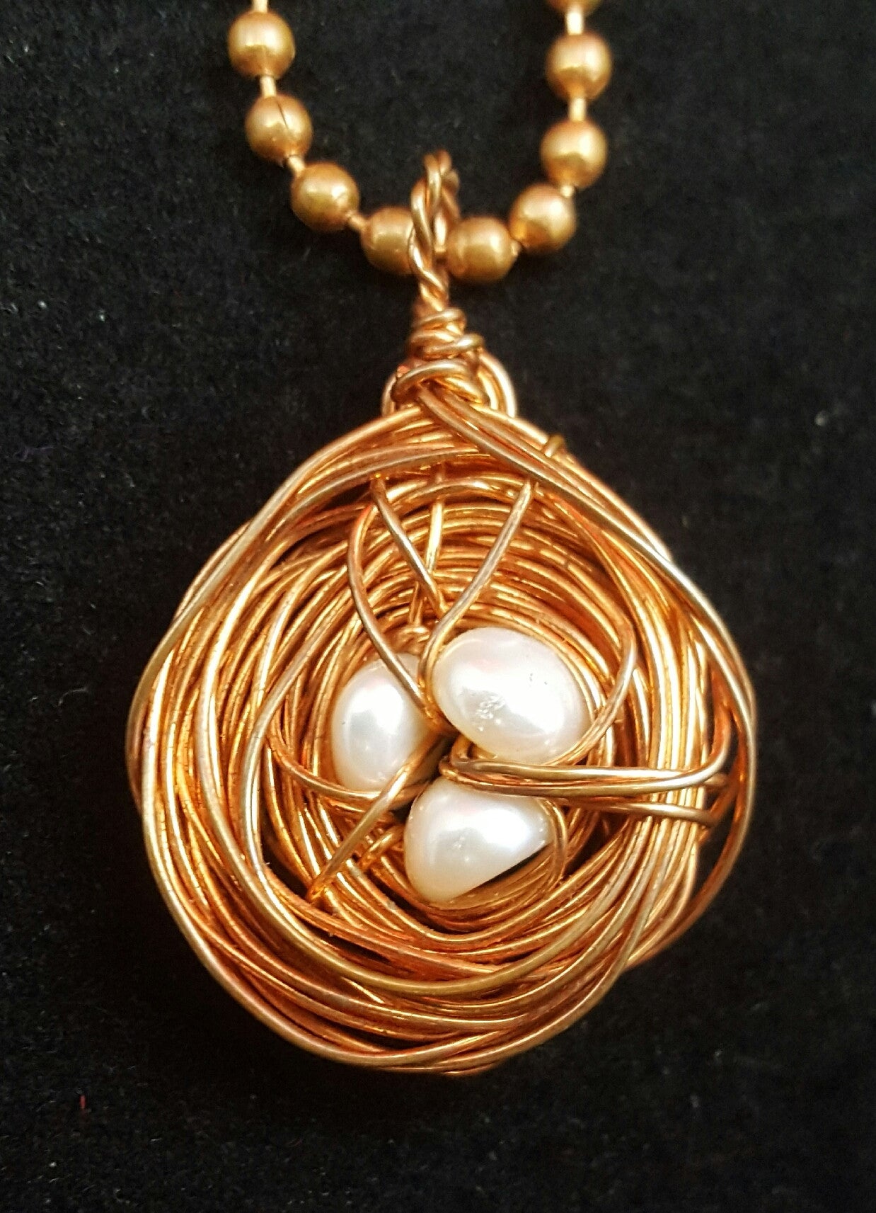 Copper Wire Nest Pendant with a Trio of Pearls