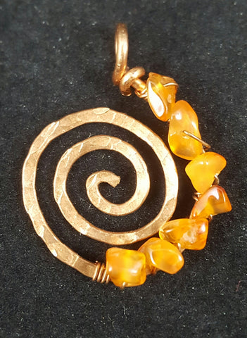 Copper Spiral Pendant with Carnelian Crystal Chips