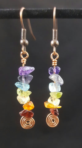 Copper Earrings with Chakra Rainbow Stone Chips