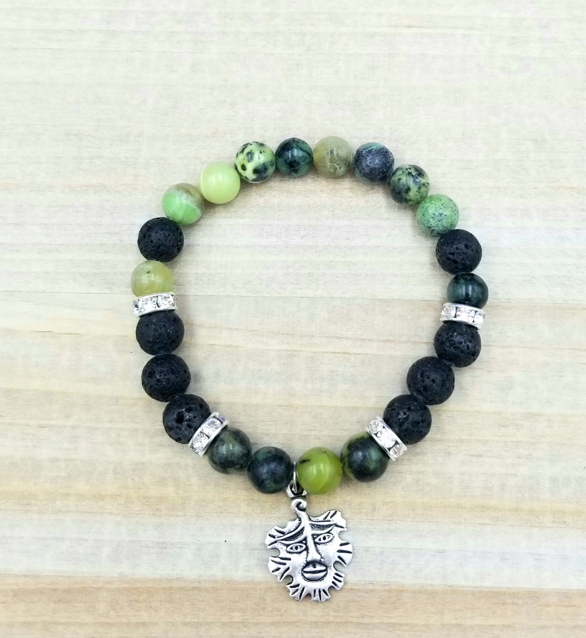 Chrysoprase and Lava Stone Bracelet with Green Man Charm