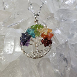 Silver Chakra Balancing Tree of Life Necklace with Rainbow Crystals