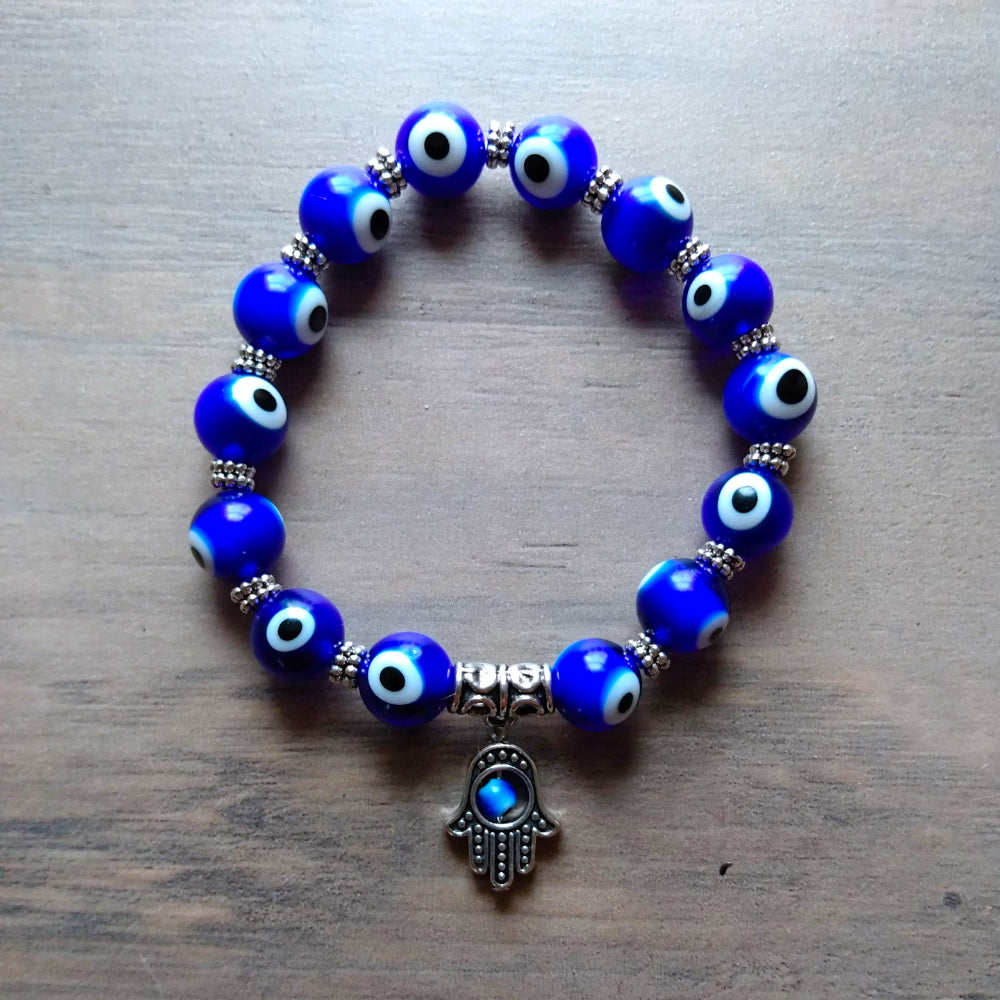 Evil Eye Glass Bead Bracelet With Hamsa Charm