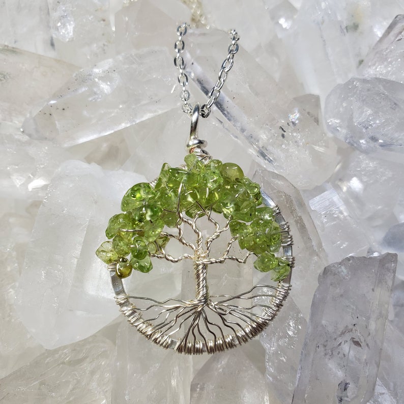 Heart Chakra Tree Of Life Pendant Silver with Peridot
