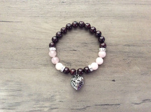 Rose Quartz & Garnet w/Heart Pendant Bracelet