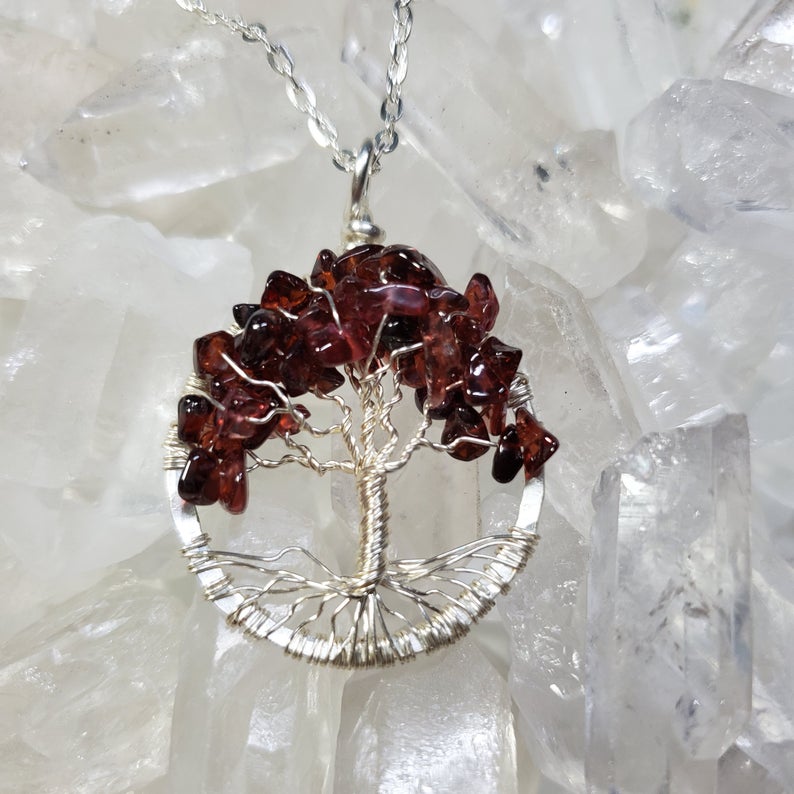 Silver Root Chakra Tree Of Life Pendant with Garnet