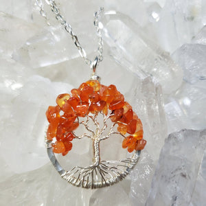 Silver Sacral Chakra Tree Of Life Pendant with Carnelian