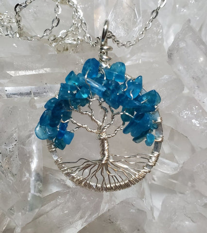 Throat Chakra Tree Of Life Pendant Silver with Apatite